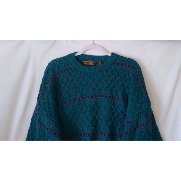 Vintage Eddie Bauer Men's Teal Purple Cable Knit Pullover Sweater Large Cotton - Picture 2 of 6